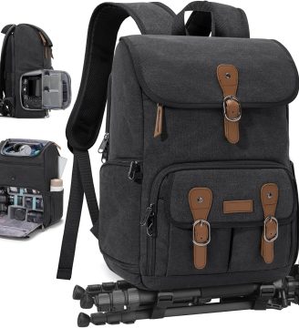 RAINSMORE Camera Bag Backpack for DSLR/SLR Mirrorless 15.6 Inch Laptop Camera Back Pack for Photographers Anti-Theft Photography Bags Case with Tripod Holder & Rain Cover, Black