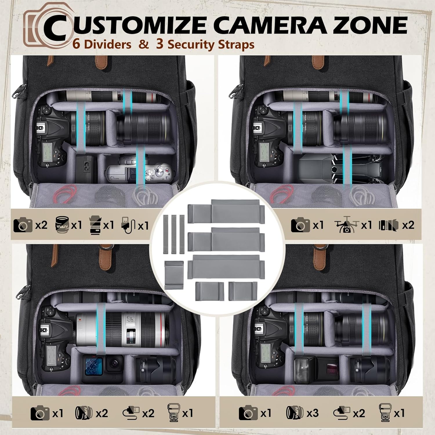 RAINSMORE Camera Bag Backpack for DSLR/SLR Mirrorless 15.6 Inch Laptop Camera Back Pack for Photographers Anti-Theft Photography Bags Case with Tripod Holder & Rain Cover, Black - Image 3