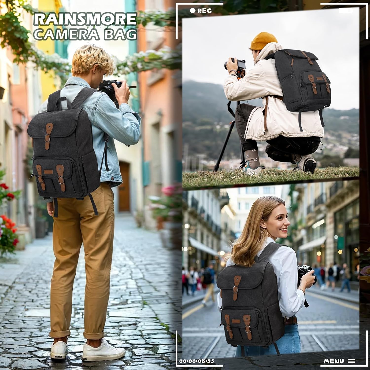 RAINSMORE Camera Bag Backpack for DSLR/SLR Mirrorless 15.6 Inch Laptop Camera Back Pack for Photographers Anti-Theft Photography Bags Case with Tripod Holder & Rain Cover, Black - Image 7